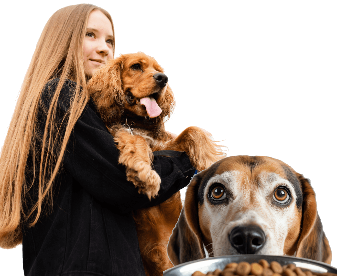 Woman holding dog hungry pet warehouse